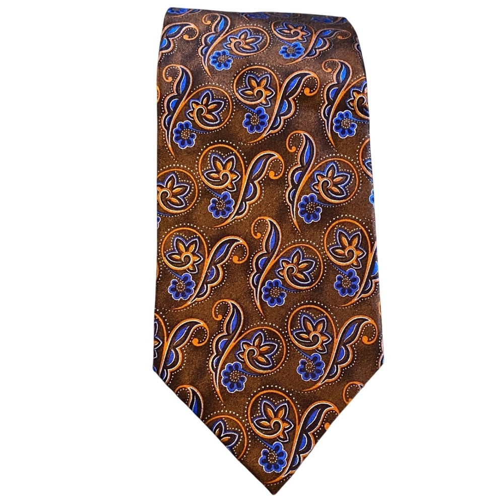 Ermenegildo Zegna Silk Necktie Brown Blue Floral‎ Paisley Italy Exclusive Design